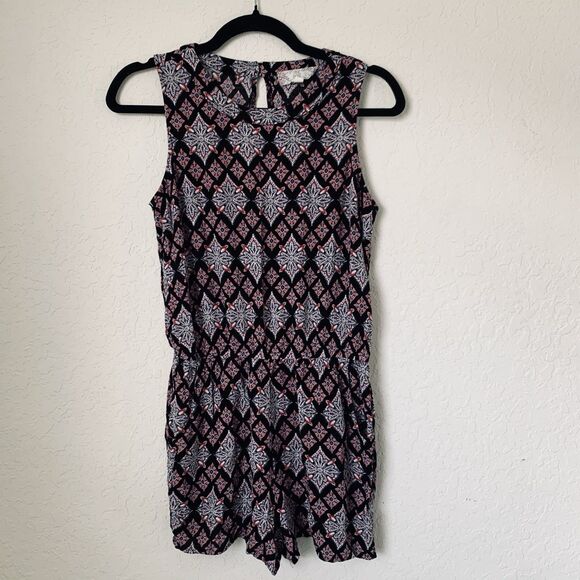 Pink Rose Romper Women M Black Pink Abstract Floral Sleeveless Boho Vacation - Picture 1 of 11